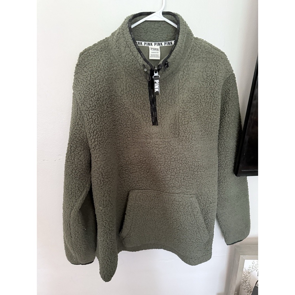PINK Victoria's Secret Women Sweatshirt XL Green Sherpa 1/4 Zip Mock Neck Pocket